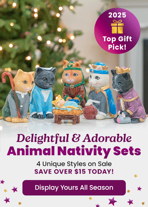 Animal Nativity Sets from The Animal Rescue Site and GreaterGood featuring colorful cat and dog figurines in festive robes. Proceeds help support shelter pets and more.