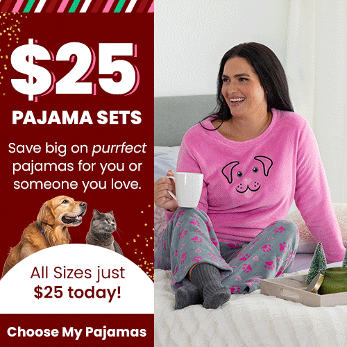 $25 Pajama Sets from The Animal Rescue Site and GreaterGood, proceeds help support shelter pets and more, featuring pink dog-print top and gray paw-pattern pajama pants.