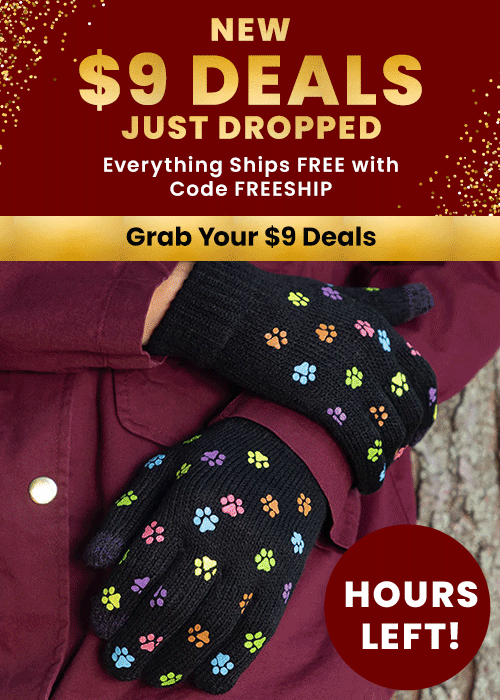 New $9 Deals from The Animal Rescue Site and GreaterGood, proceeds help support shelter pets and more, featuring black knit gloves with colorful paw-print pattern and maroon winter coat.