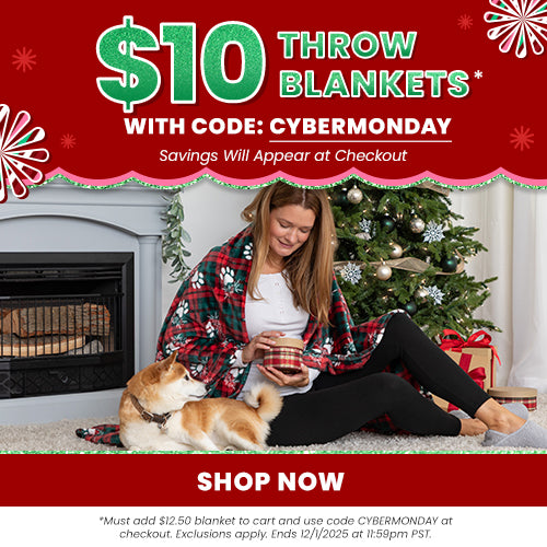 $10 Throw Blankets from The Animal Rescue Site and GreaterGood, proceeds help support shelter pets and more, featuring red plaid holiday throw and cozy fireplace scene with a dog.