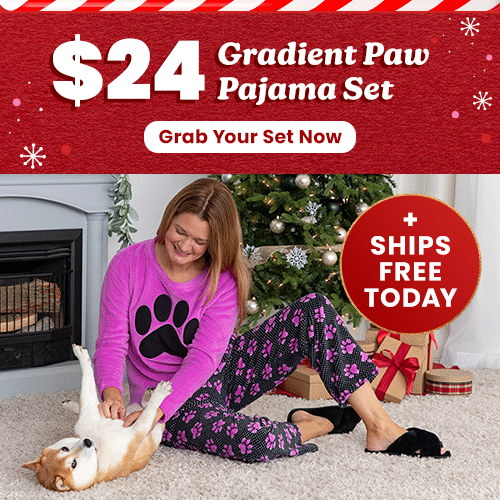 $24 Gradient Paw Pajama Set donation from The Animal Rescue Site and GreaterGood, featuring cozy pink paw-print pajamas, supporting animal causes with a clear, accessible call to give.