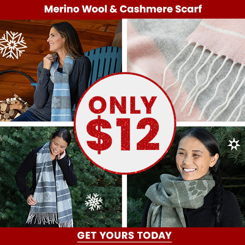 Merino Wool & Cashmere Scarf donation from The Animal Rescue Site and GreaterGood, featuring soft winter scarves worn by women, presented clearly for accessible, seasonal giving.