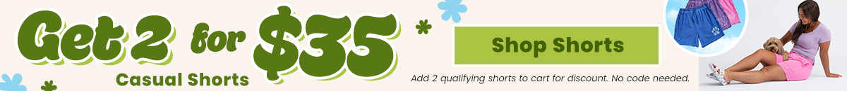Get 2 for $35 Casual Shorts promotion from The Animal Rescue Site and GreaterGood. Proceeds help support shelter pets and more. Gray drawstring shorts with rainbow heart graphic, purple paw-print shorts, blue casual lounge shorts.