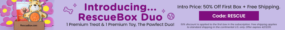 RescueBox Duo subscription promotion from The Animal Rescue Site and GreaterGood. Proceeds help support shelter pets and more. Cat treats bag, plush teaser toy, curated pet box essentials.