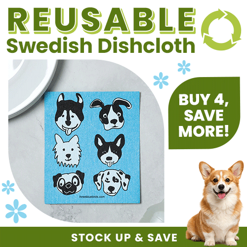 Reusable Swedish Dishcloth promotion from The Animal Rescue Site and GreaterGood. Proceeds help support shelter pets and more. Blue dog-face print cloth, eco-friendly cleaning cloth, reusable kitchen essential.
