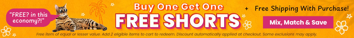 Buy One Get One Free Shorts promotion from The Animal Rescue Site and GreaterGood. Proceeds help support shelter pets and more. Teal cargo shorts, black moon-print lounge shorts, casual summer apparel.