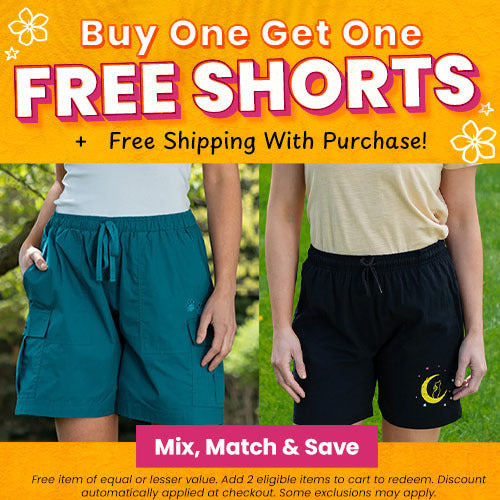 Buy One Get One Free Shorts promotion from The Animal Rescue Site and GreaterGood. Proceeds help support shelter pets and more. Teal cargo shorts, black moon-print lounge shorts, casual summer apparel.