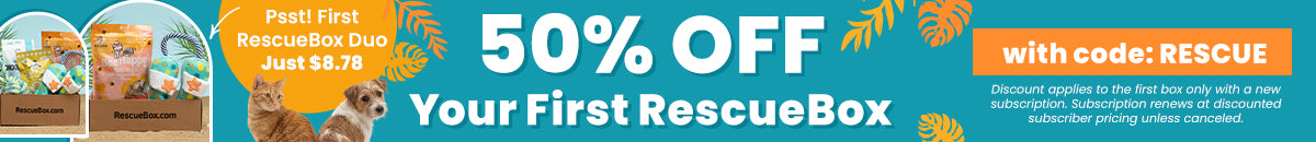 50% Off Your First RescueBox promotion from The Animal Rescue Site and GreaterGood. Proceeds help support shelter pets and more. BeeHappy dog treats, blue rope toy, patterned plush toys in a pet subscription box.
