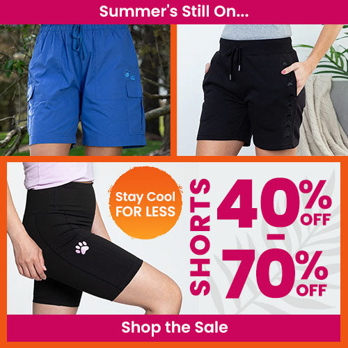 Shorts 40%-70% Off Sale: Blue cargo shorts and black athletic biker shorts with paw prints. By The Animal Rescue Site and GreaterGood. Proceeds help support shelter pets and more.