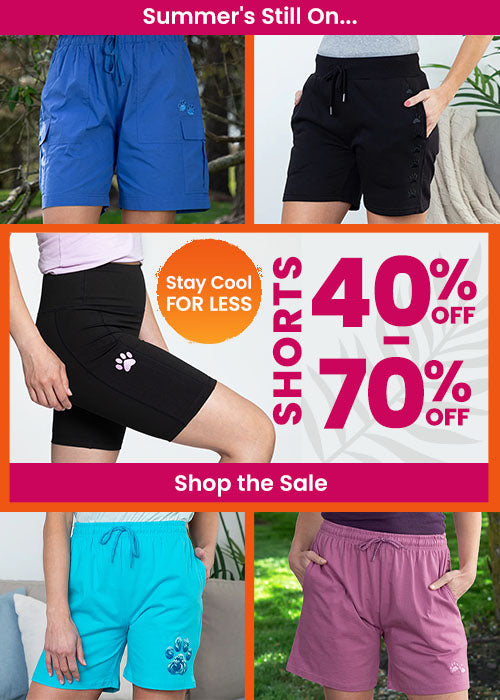 Shorts 40%-70% Off Sale: Blue cargo shorts and black athletic biker shorts with paw prints. By The Animal Rescue Site and GreaterGood. Proceeds help support shelter pets and more.