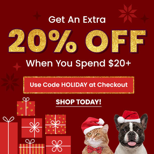 Extra 20% Off Holiday Sale from The Animal Rescue Site and GreaterGood; proceeds help support shelter pets and more. Features red gift boxes, festive Santa hats, holiday pet accessories.