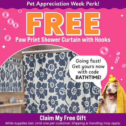FREE Paw Print Shower Curtain with Hooks promotion from The Animal Rescue Site and GreaterGood. Proceeds help support shelter pets and more. Black floral paw print shower curtain, matching hooks, colorful pet-themed bathroom décor.
