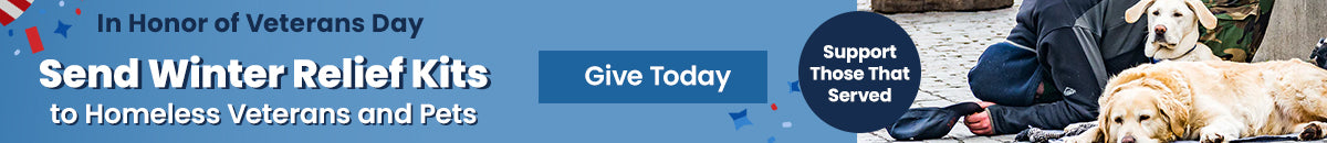 Send Winter Relief Kits donation from The Animal Rescue Site and GreaterGood. Provides warmth and care to homeless veterans and their pets in honor of Veterans Day.