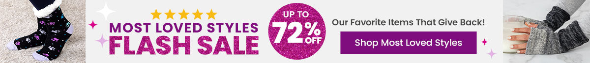 Most Loved Styles Flash Sale from The Animal Rescue Site and GreaterGood, featuring cozy black paw-print sherpa socks with white cuffs, winter comfort accessories shown beside a resting cat.