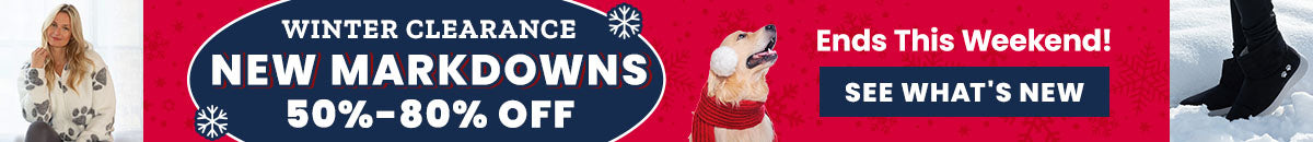 Winter Clearance New Markdowns promotion from The Animal Rescue Site and GreaterGood, featuring cozy paw-print fleece jacket, black winter boots, and cold-weather apparel with 50–80% off savings.