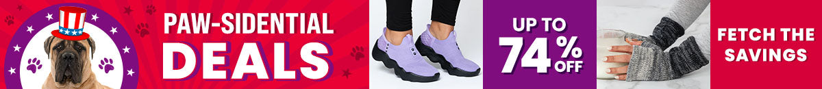 Paw-sidential Deals from The Animal Rescue Site and GreaterGood, featuring cozy gray fingerless gloves, lavender slip-on walking shoes, and limited-time savings supporting animal welfare.