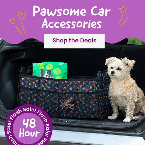 Pawsome Car Accessories Flash Sale by The Animal Rescue Site and GreaterGood; proceeds help support shelter pets and more. Paw-print trunk organizer, patterned seat protector, compact travel storage for pets.