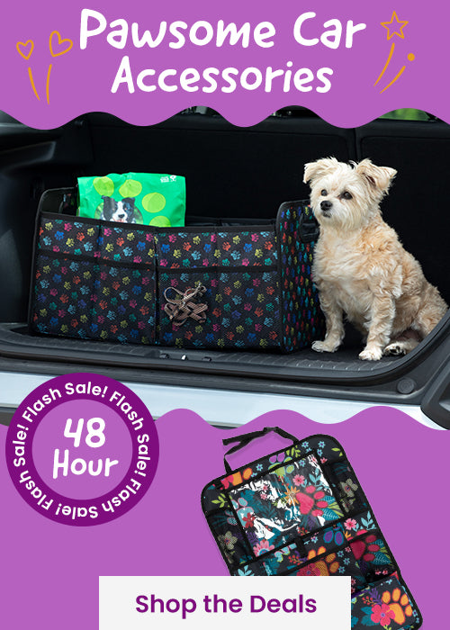 Pawsome Car Accessories Flash Sale by The Animal Rescue Site and GreaterGood; proceeds help support shelter pets and more. Paw-print trunk organizer, patterned seat protector, compact travel storage for pets.