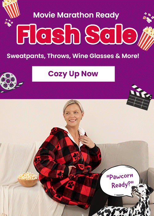 Movie Marathon Ready Flash Sale from The Animal Rescue Site and GreaterGood; proceeds help support shelter pets and more, featuring purple paw print stemless wine glasses and silver TV remote.
