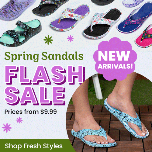 Spring Sandals Flash Sale from The Animal Rescue Site and GreaterGood; proceeds help support shelter pets and more, featuring purple double-strap sandals and colorful floral print flip-flops.