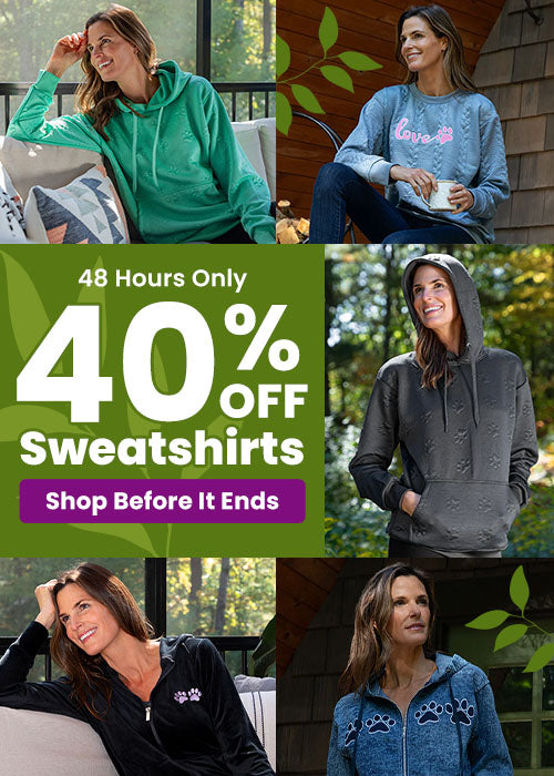 40% Off Sweatshirts promotion from The Animal Rescue Site and GreaterGood; proceeds help support shelter pets and more, featuring black paw-print zip hoodie, blue paw graphic hoodie, and gray embossed paw hoodie.