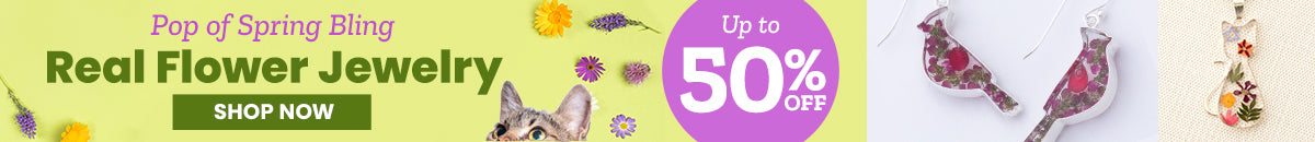 Pop of Spring Bling Real Flower Jewelry promotion from The Animal Rescue Site and GreaterGood. Proceeds help support shelter pets and more. Pressed-flower cat pendant necklace, botanical resin jewelry, colorful floral charm designs.