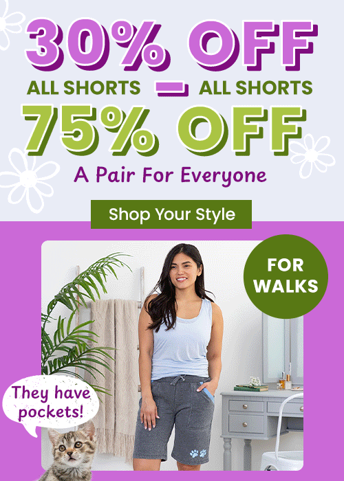 30–75% Off All Shorts promotion from The Animal Rescue Site and GreaterGood. Proceeds help support shelter pets and more. Gray paw print shorts, casual lounge shorts, soft cotton everyday wear.