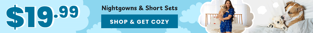 Nightgowns & Short Sets $19.99 promotion from The Animal Rescue Site and GreaterGood. Proceeds help support shelter pets and more. Teal cat-print nightgown, soft sleepwear, cozy pajama sets for lounging.