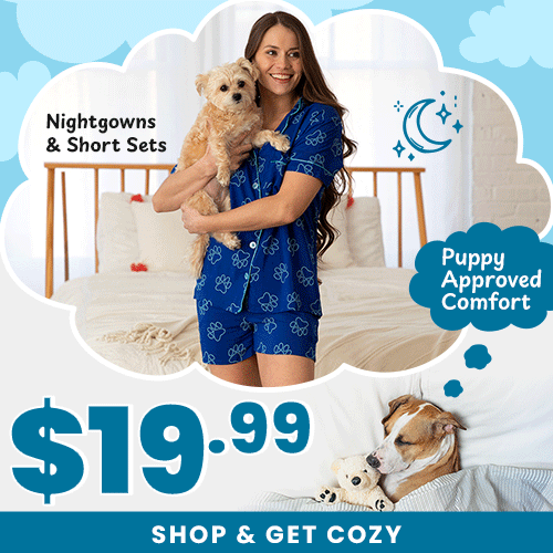 Nightgowns & Short Sets $19.99 promotion from The Animal Rescue Site and GreaterGood. Proceeds help support shelter pets and more. Teal cat-print nightgown, soft sleepwear, cozy pajama sets for lounging.