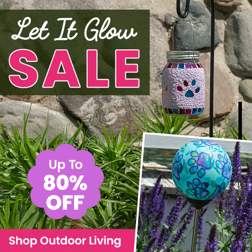 Let It Glow Sale promotion from The Animal Rescue Site and GreaterGood. Proceeds help support shelter pets and more. Mosaic paw print lantern, blue patterned garden globe, outdoor solar décor.