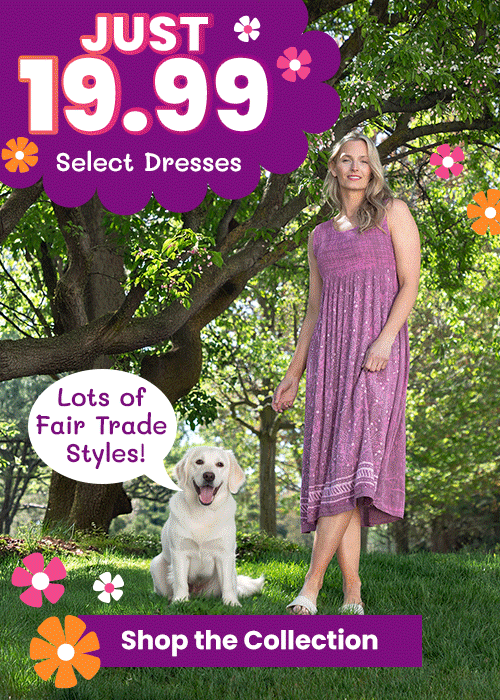 $19.99 Select Dresses promotion from The Animal Rescue Site and GreaterGood. Proceeds help support shelter pets and more. Pink fair trade maxi dress, flowy sleeveless style, lightweight spring fashion apparel.