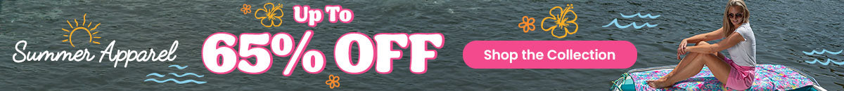 Summer Apparel Up to 65% Off promotion from The Animal Rescue Site and GreaterGood. Proceeds help support shelter pets and more. Pink casual shorts, floral beach towel, lightweight summer fashion apparel.