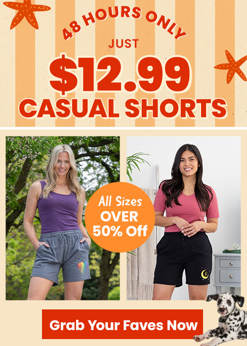 $12.99 Casual Shorts promotion from The Animal Rescue Site and GreaterGood. Proceeds help support shelter pets and more. Gray graphic shorts, black moon-print shorts, lightweight casual summer shorts in inclusive sizing.