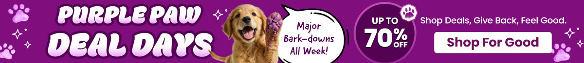 Purple Paw Deal Days promotion from The Animal Rescue Site and GreaterGood. Proceeds help support shelter pets and more. Golden retriever graphic, purple paw-themed design, pet-loving savings event with discounts up to 70% off.