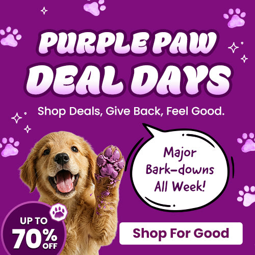 Purple Paw Deal Days promotion from The Animal Rescue Site and GreaterGood. Proceeds help support shelter pets and more. Golden retriever graphic, purple paw-themed design, pet-loving savings event with discounts up to 70% off.