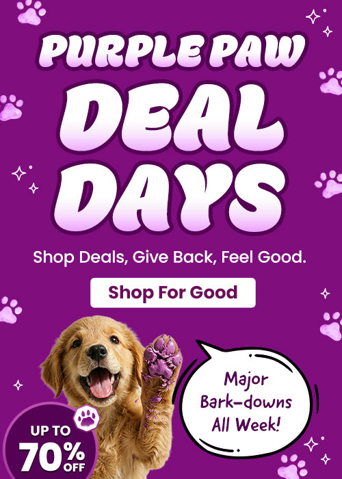 Purple Paw Deal Days promotion from The Animal Rescue Site and GreaterGood. Proceeds help support shelter pets and more. Golden retriever graphic, purple paw-themed design, pet-loving savings event with discounts up to 70% off.
