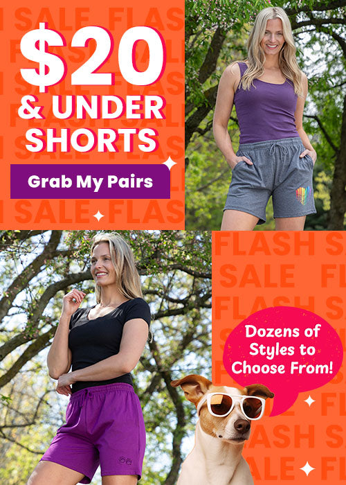 $20 and Under Shorts Flash Sale: Woman in purple athletic shorts and black top. By The Animal Rescue Site and GreaterGood. Proceeds help support shelter pets and more.