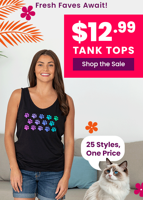 Shop Fresh Faves Await Tank Tops for $12.99 featuring colorful paw print patterns. Proceeds help support shelter pets and more through The Animal Rescue Site and GreaterGood.