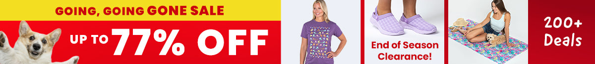 Shop the Going, Going Gone Sale with up to 77% off across 200+ deals, featuring summer towels, purple clogs, and cat-themed items. Proceeds help support shelter pets and more through The Animal Rescue Site and GreaterGood.