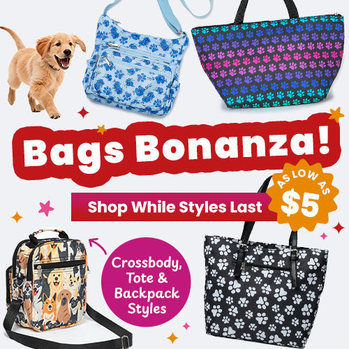 Shop the Bags Bonanza! event with styles as low as $5, featuring a variety of crossbody, tote, and backpack options. Shop while styles last to support shelter pets and more through The Animal Rescue Site and GreaterGood