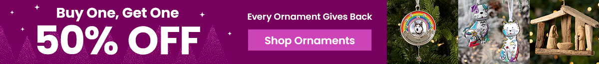 Buy One Get One 50% Off Ornaments from The Animal Rescue Site and GreaterGood featuring colorful cat and dog ornaments and a rustic nativity design. Proceeds help support shelter pets and more.