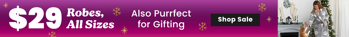 $29 Robes Sale from The Animal Rescue Site and GreaterGood; proceeds help support shelter pets and more; features gray paw-print fleece robe and festive home setting with cat.