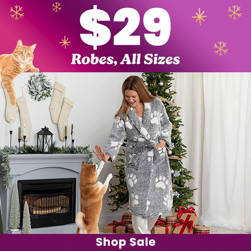 $29 Robes Sale from The Animal Rescue Site and GreaterGood; proceeds help support shelter pets and more; features gray paw-print fleece robe and festive home setting with cat.