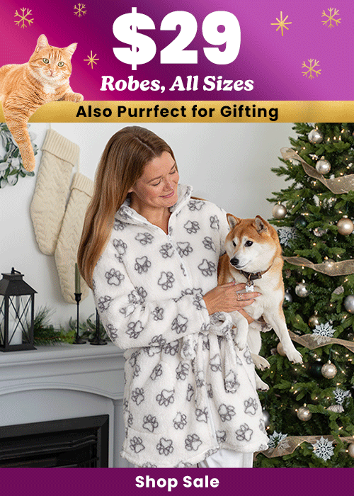 $29 Robes Sale from The Animal Rescue Site and GreaterGood; proceeds help support shelter pets and more; features gray paw-print fleece robe and festive home setting with cat.