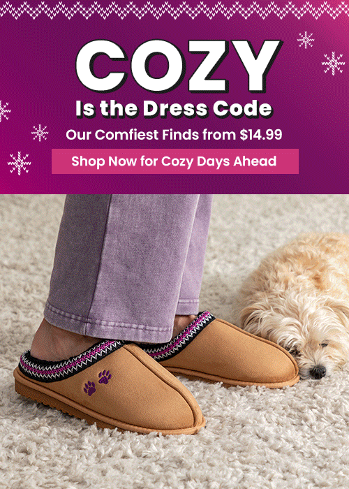 Cozy Is the Dress Code from The Animal Rescue Site and GreaterGood, featuring black paw-print slippers on fall leaves. Proceeds help support shelter pets and more.