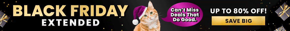 Black Friday sale from The Animal Rescue Site and GreaterGood featuring gift boxes and a dog in a Santa hat; proceeds help support shelter pets and more; gold-and-black holiday style.