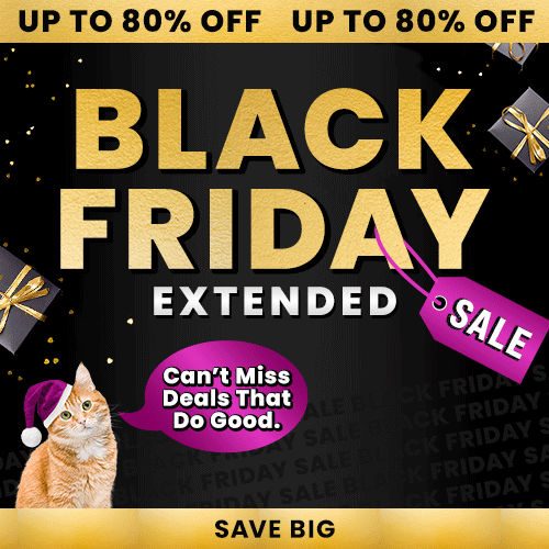 Black Friday sale from The Animal Rescue Site and GreaterGood featuring gift boxes and a dog in a Santa hat; proceeds help support shelter pets and more; gold-and-black holiday style.