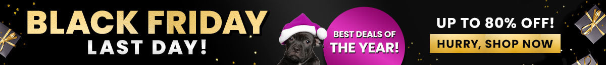 Last Day Black Friday sale from The Animal Rescue Site and GreaterGood featuring gift boxes and a dog in a Santa hat; proceeds help support shelter pets and more; gold-and-black holiday style.