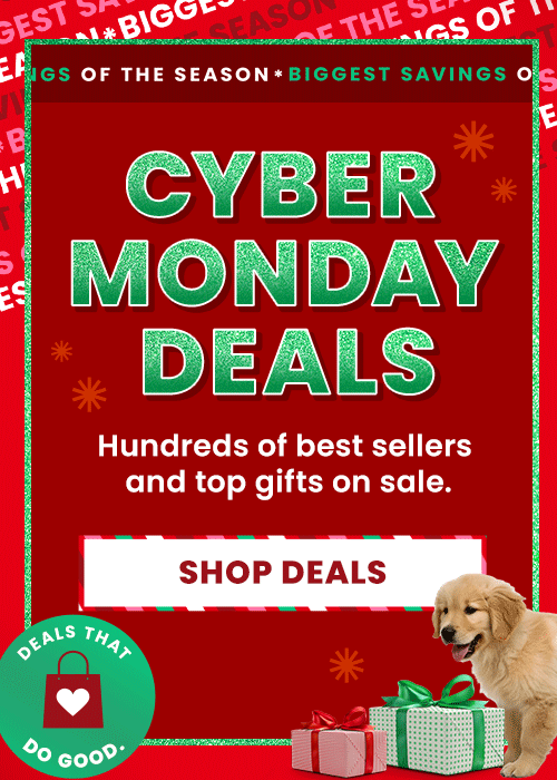 Cyber Monday Deals from The Animal Rescue Site and GreaterGood, proceeds help support shelter pets and more, featuring green-and-red wrapped gift boxes and holiday puppy imagery.