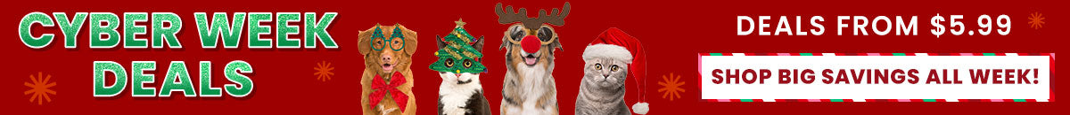 Cyber Week Deals from The Animal Rescue Site and GreaterGood, proceeds help support shelter pets and more, featuring holiday pet accessories like green tree costume, red reindeer headband, and Santa hat.